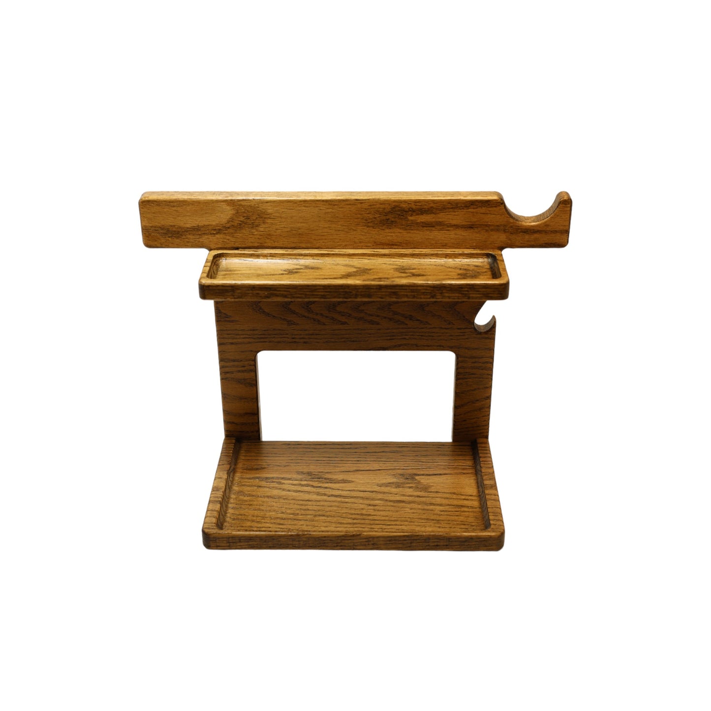 An empty CPAP Stand made by Custom Cave Works. The stand is on a white background and includes catch-all trays to keep your nightstand organized. The stand is sold oak wood that has a satin finish.