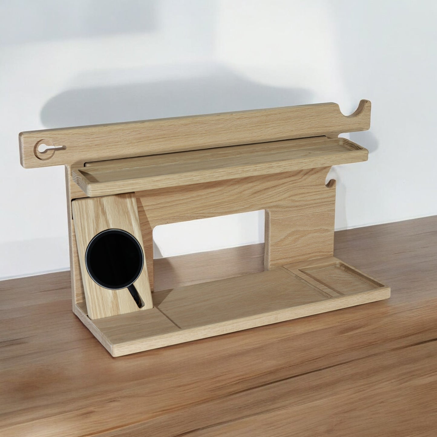 A natural finished CPAP Dock including a wireless phone charger compatible with Apple and Samsung phones.