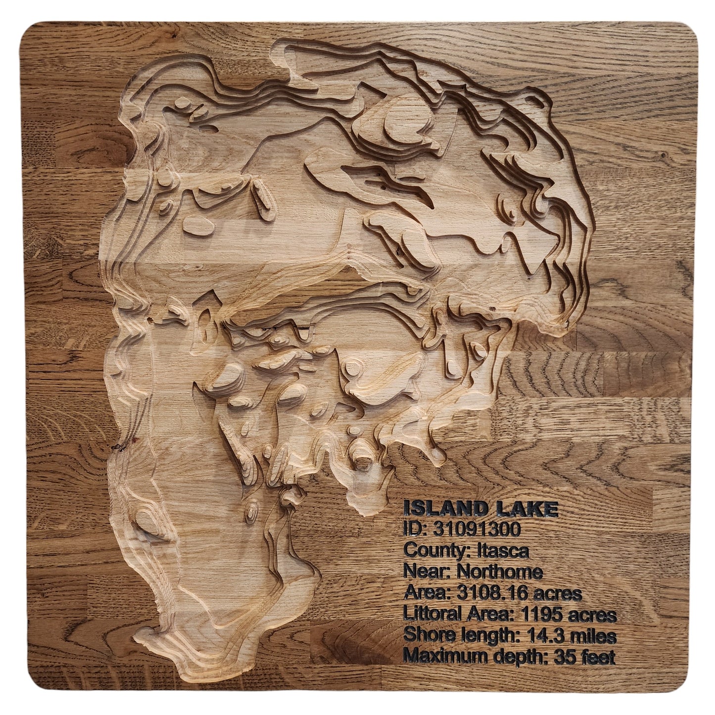 Island Lake 2.5D Wood Map - Solid White Oak 24"x24"