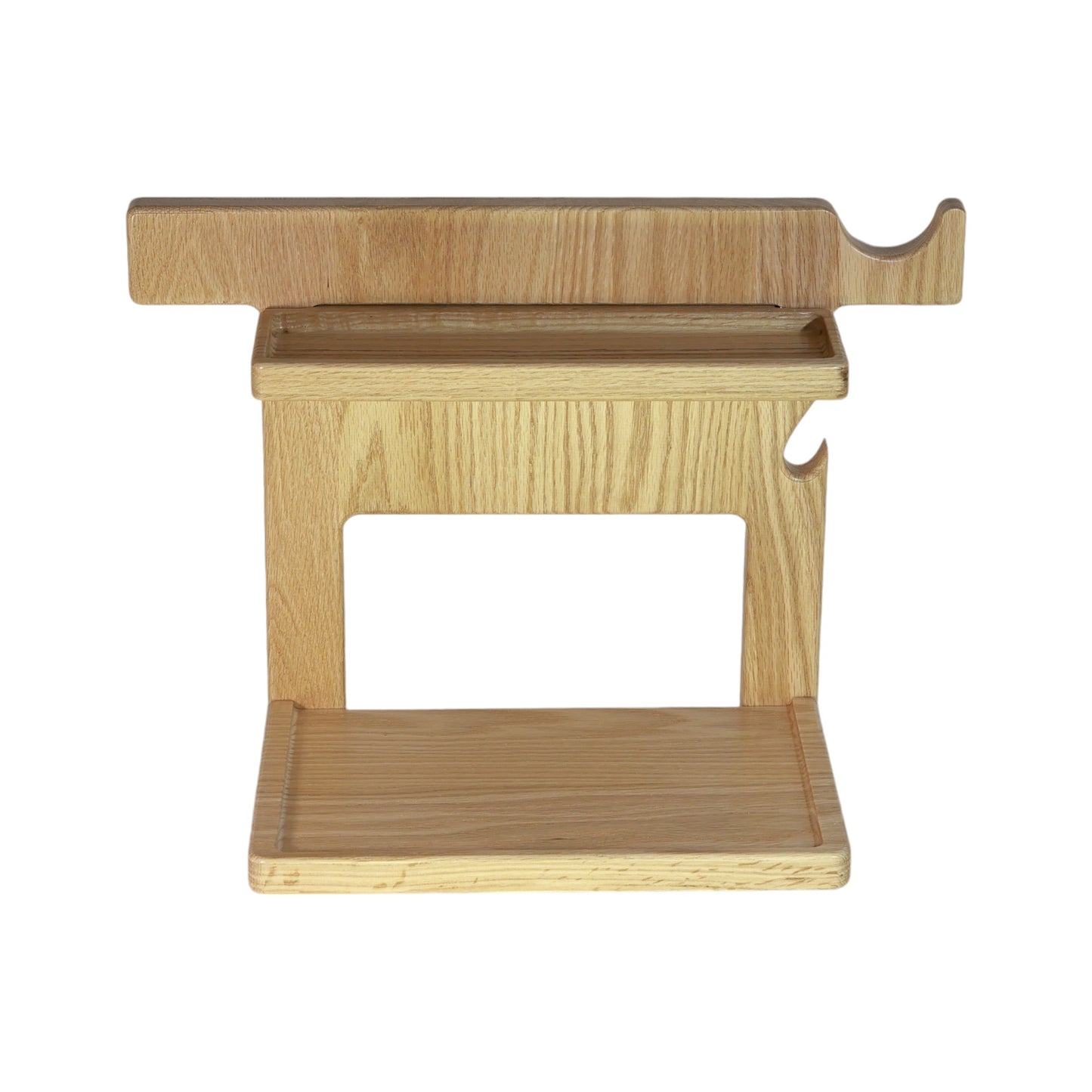 An empty CPAP Stand made by Custom Cave Works. The stand is on a white background and includes catch-all trays to keep your nightstand organized. The stand is sold oak wood that has a satin finish.