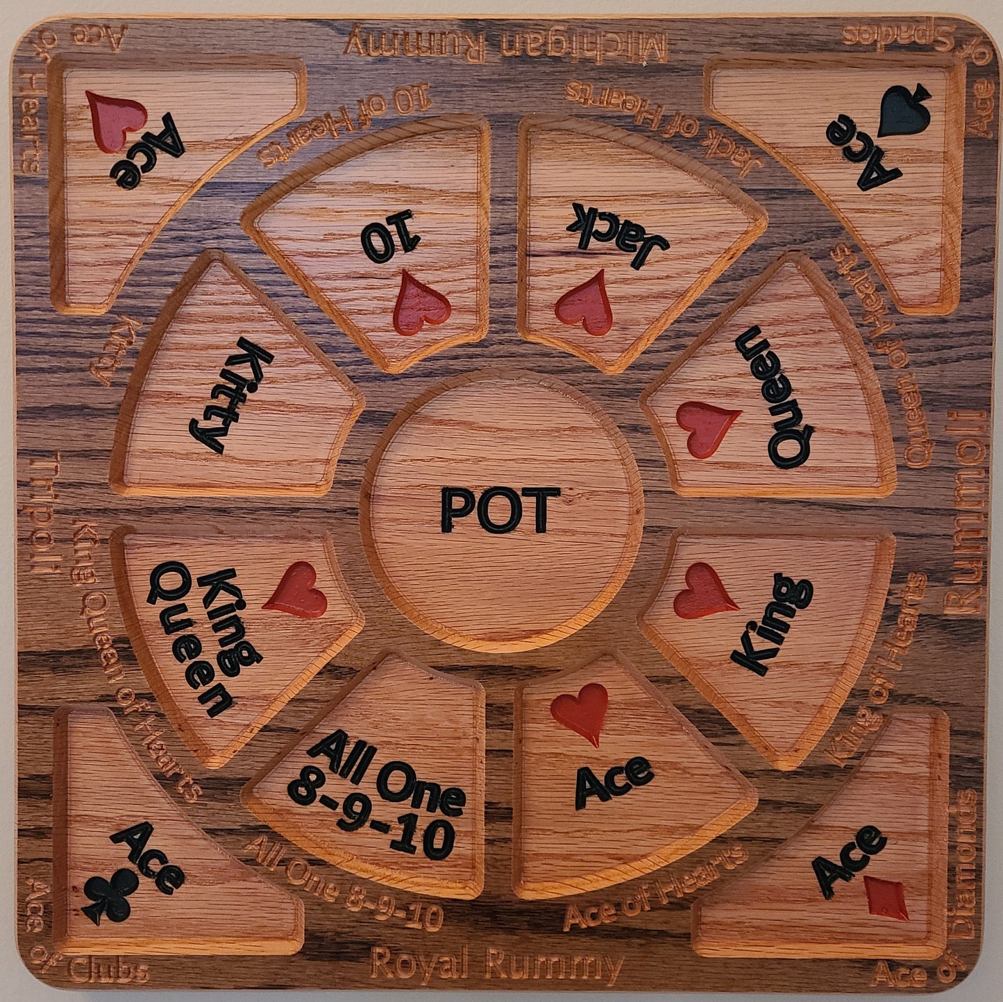 Limited Edition 16"x16" Solid Red Oak Tripoli, Michigan Rummy or Rummoli Board (8-9-10)